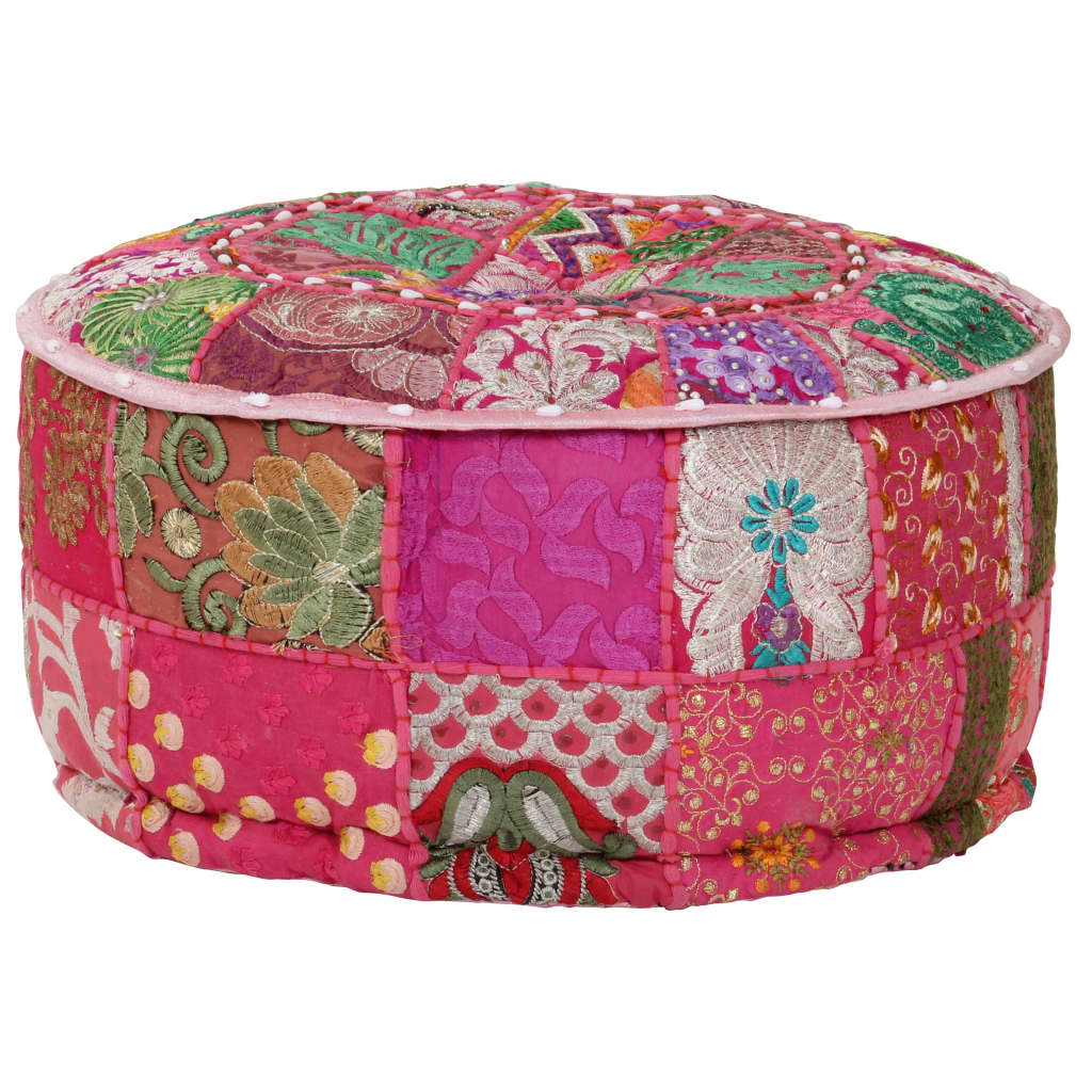 Poef patchwork rond handgemaakt 40x20 cm katoen roze