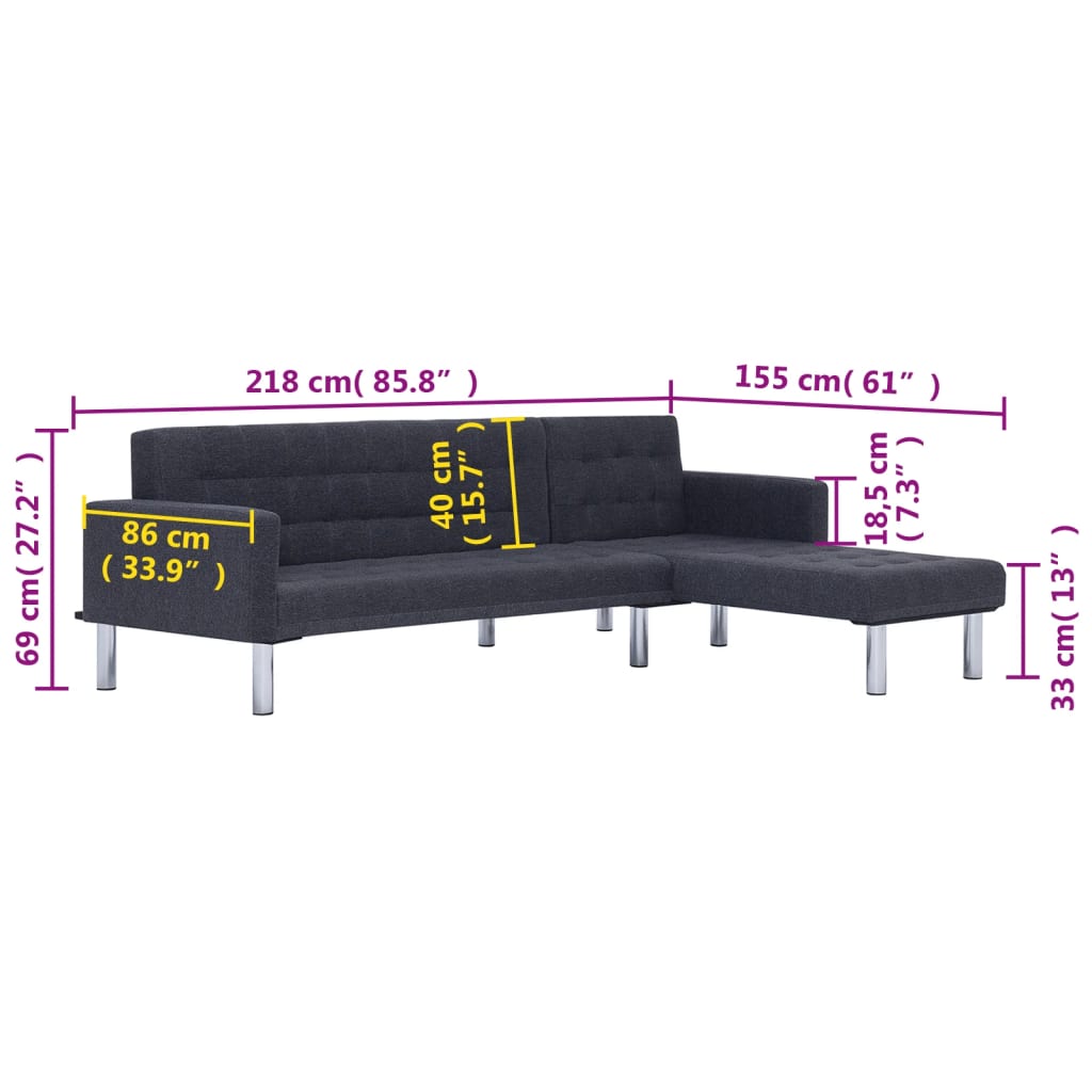 Slaapbank L-vormig polyester donkergrijs