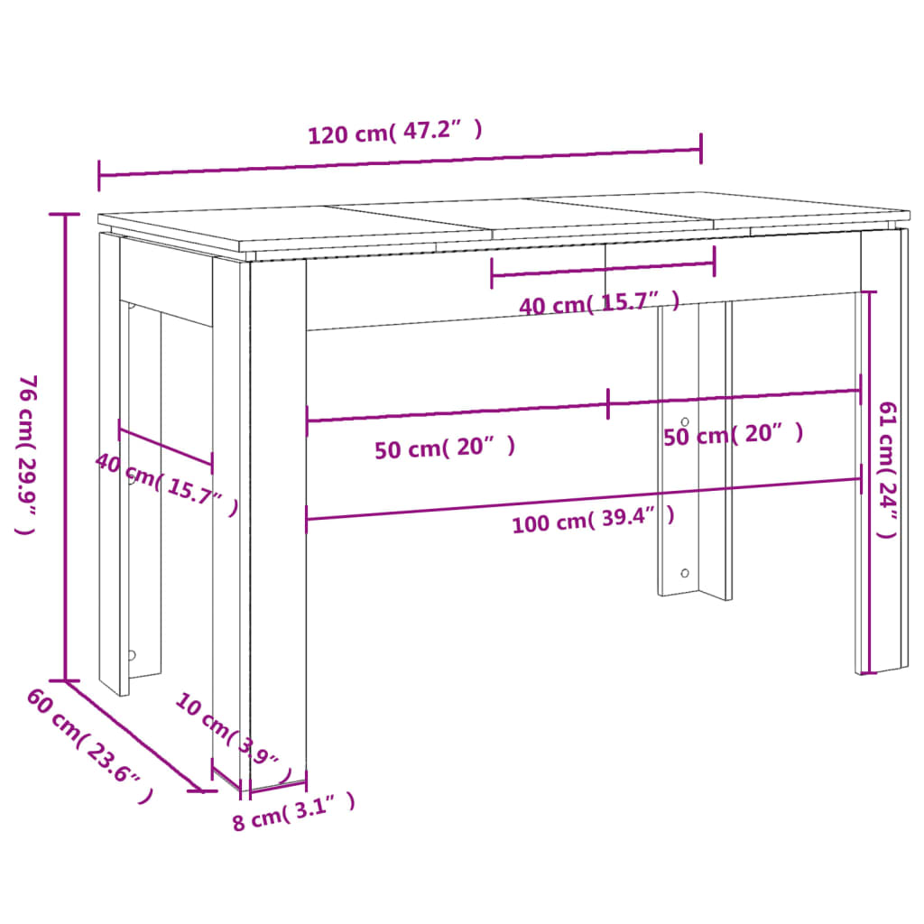 Eettafel 120X60X76 Cm Spaanplaat Hoogglans Wit