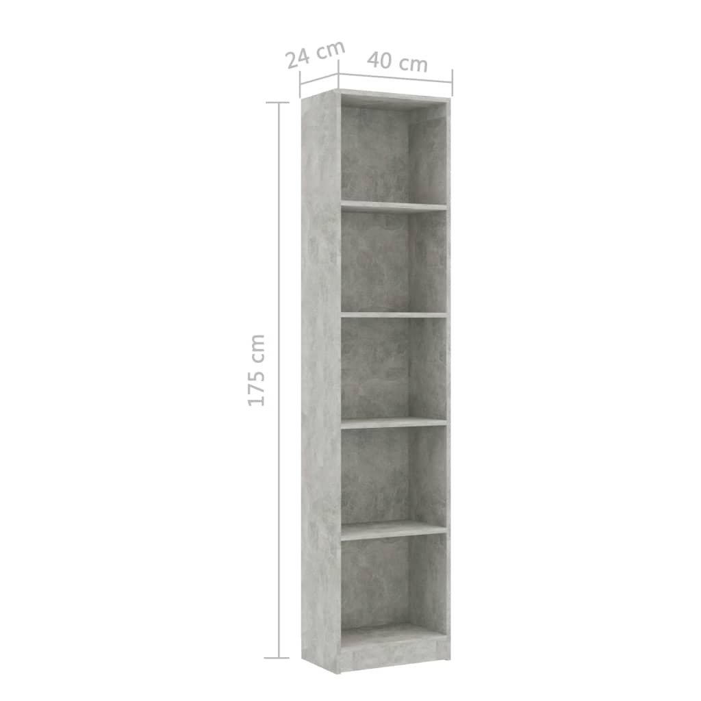 Boekenkast Met 5 Schappen 40X24X175 Cm Bewerkt Hout Betongrijs 40 x 24 x 175 cm