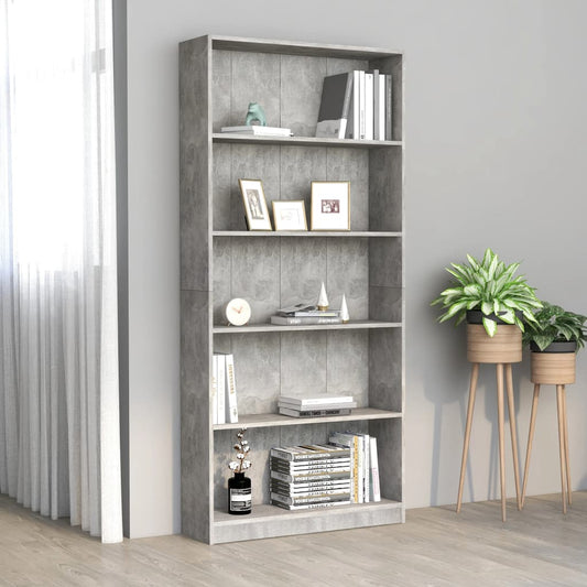 Boekenkast Met 5 Schappen 80X24X175 Cm Bewerkt Hout Betongrijs 80 x 24 x 175 cm