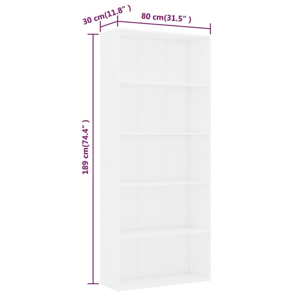 Boekenkast Met 5 Schappen 80X30X189 Cm Spaanplaat Wit 80 x 30 x 189 cm