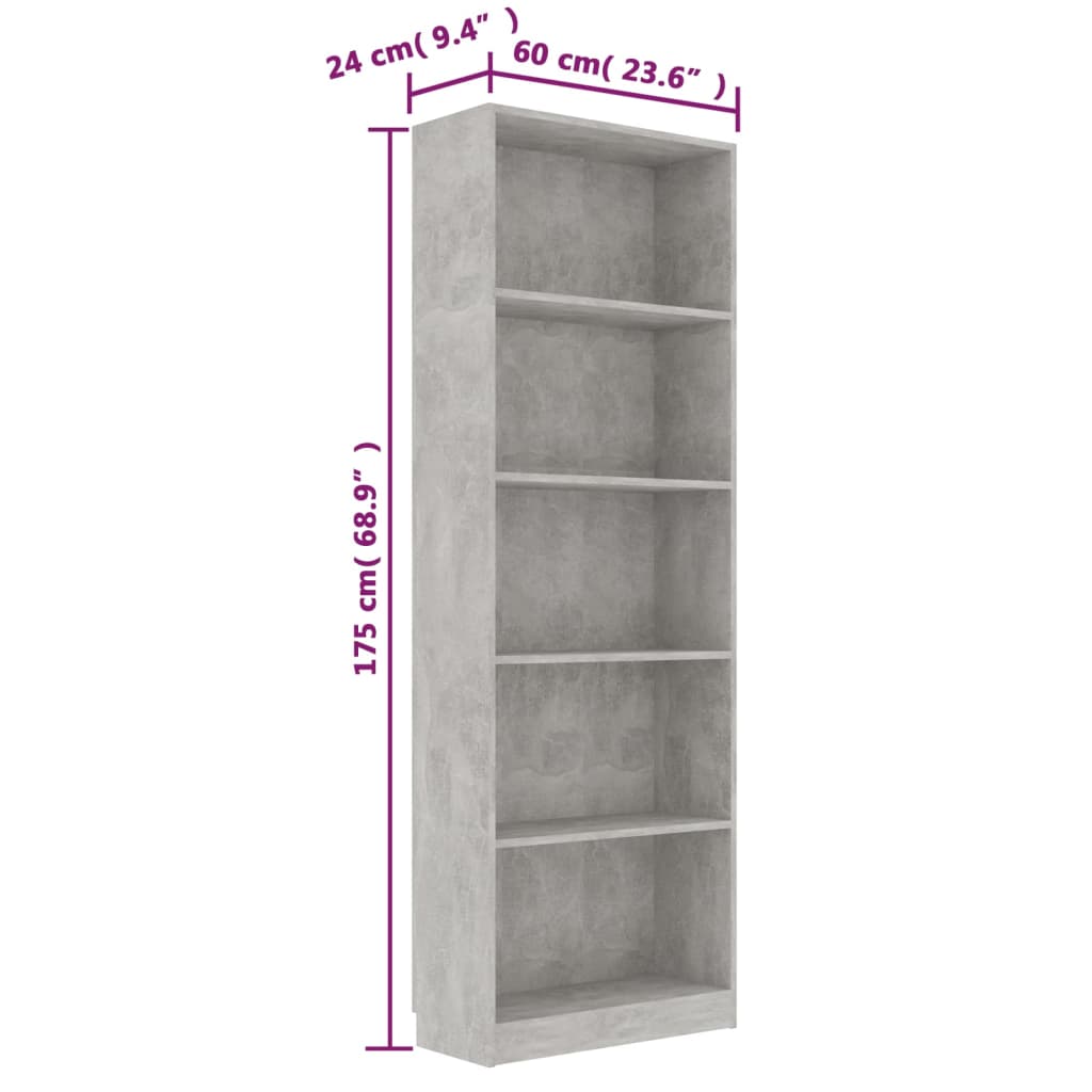 Boekenkast Met 5 Schappen 60X24X175 Cm Bewerkt Hout Betongrijs 60 x 24 x 175 cm