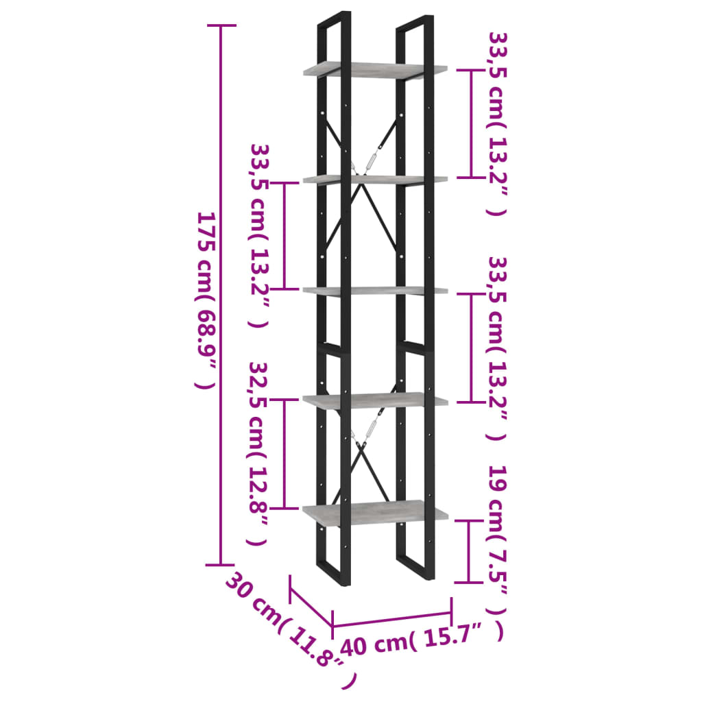 Boekenkast Met 5 Schappen 40X30X175 Cm Bewerkt Hout Betongrijs 40 x 30 x 175 cm