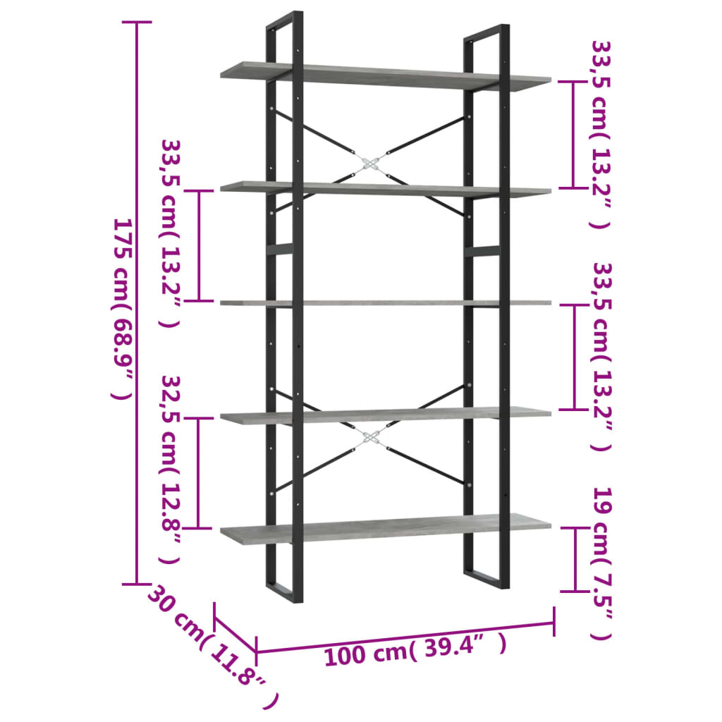 Boekenkast Met 5 Schappen 100X30X175 Cm Bewerkt Hout Betongrijs 100 x 30 x 175 cm