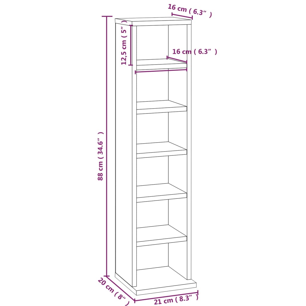 Cd-Kast 21X20X88 Cm Bewerkt Hout Bruineikenkleurig