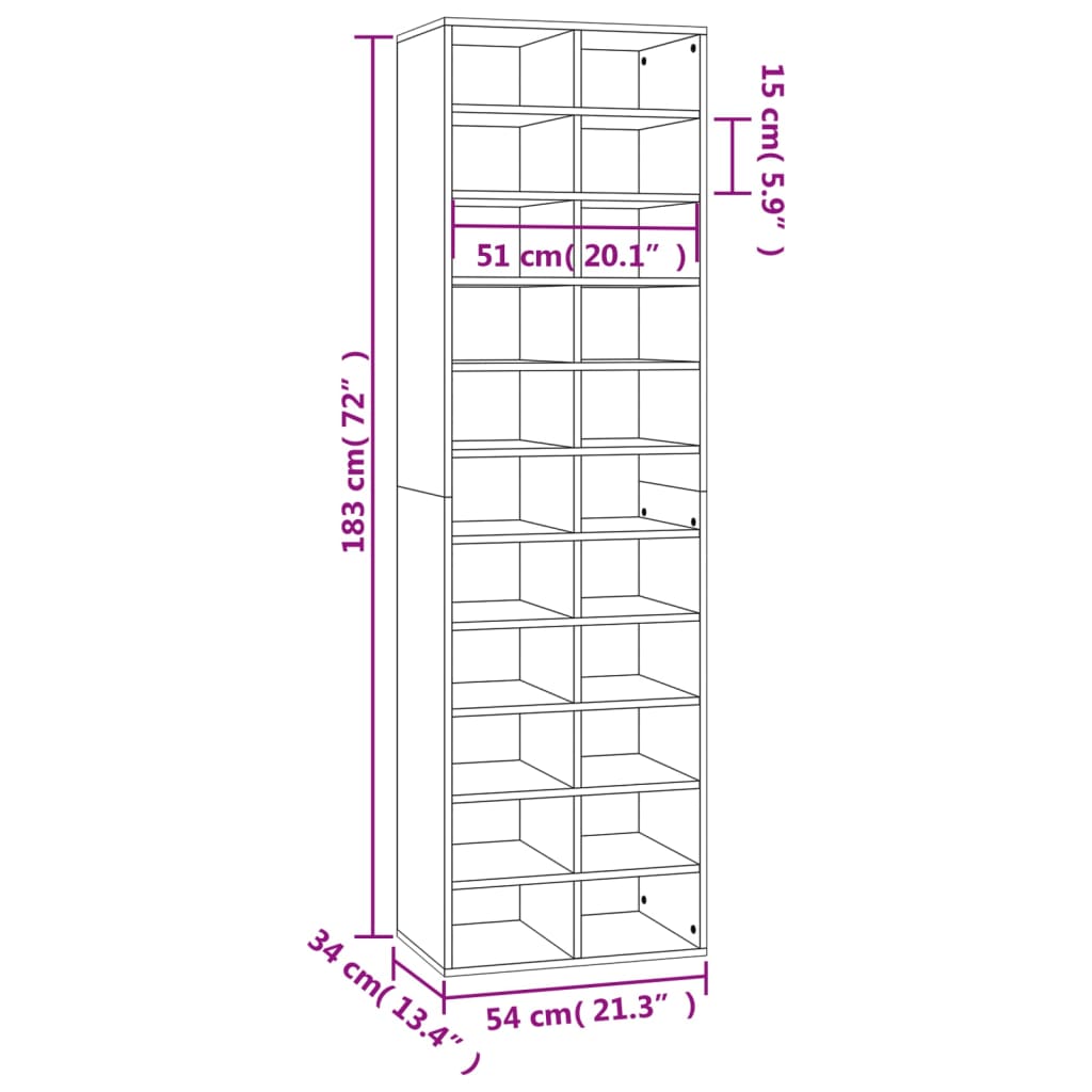 Schoenenkast 54X34X183 Cm Bewerkt Hout Bruineikenkleurig