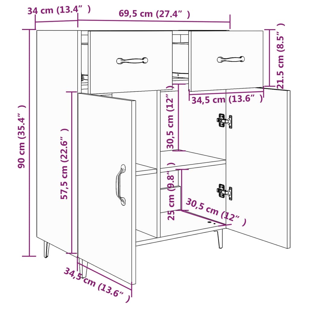 Dressoir 69,5X34X90 Cm Bewerkt Hout Bruineikenkleurig