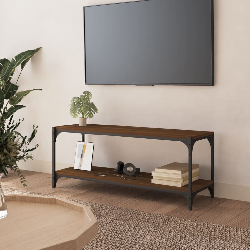 Tv-Meubel 100X33X41 Cm Bewerkt Hout En Staal Bruineikenkleurig