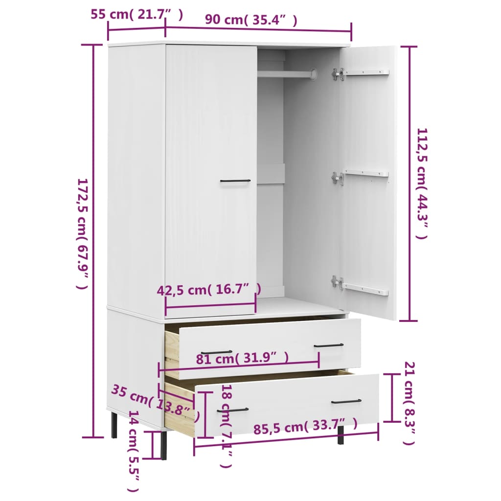 Kledingkast met metalen poten OSLO 90x55x172,5 cm hout wit