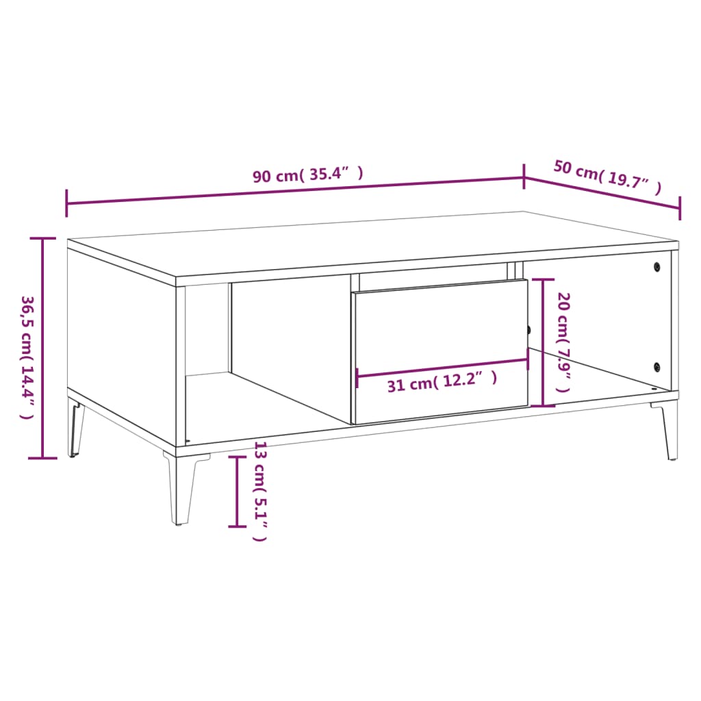 Salontafel 90X50X36,5 Cm Bewerkt Hout Bruineikenkleurig