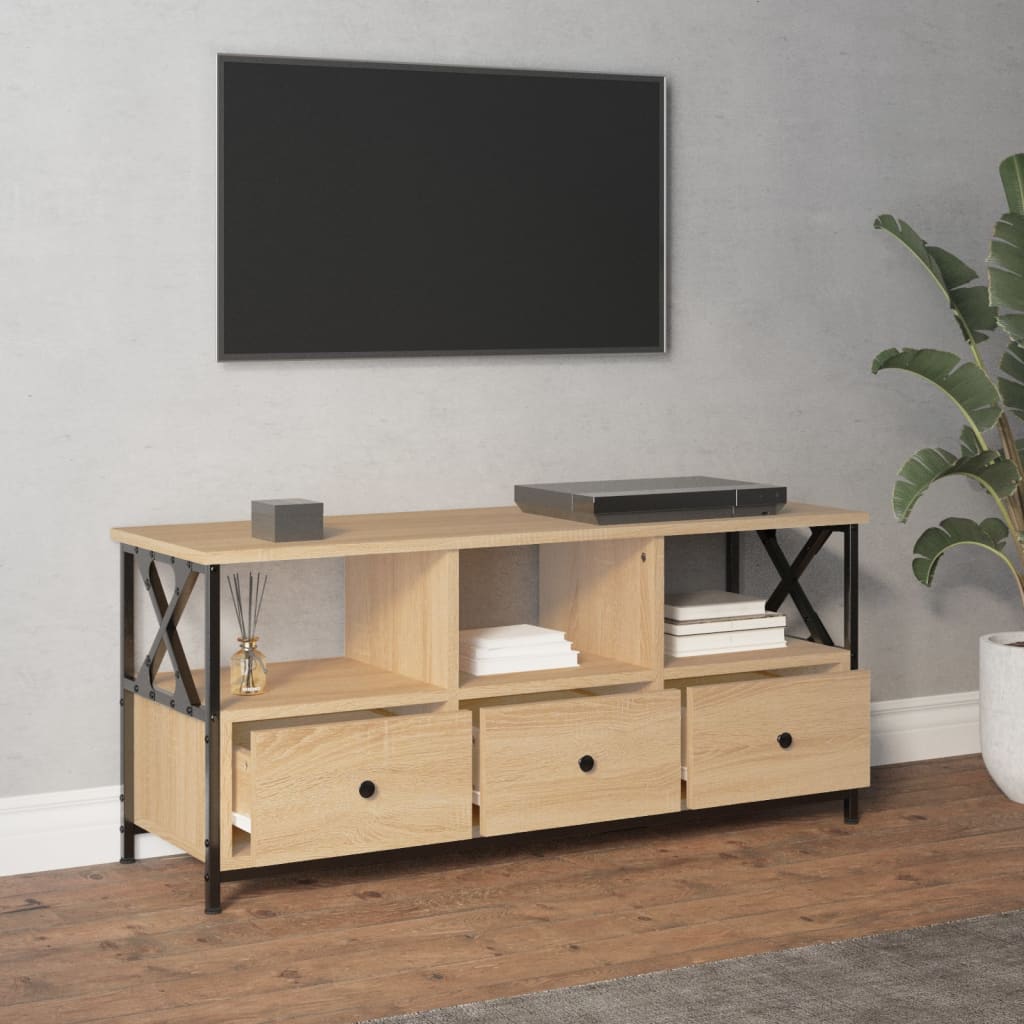 Tv-Meubel 102X33X45 Cm Bewerkt Hout En Ijzer Sonoma Eikenkleur