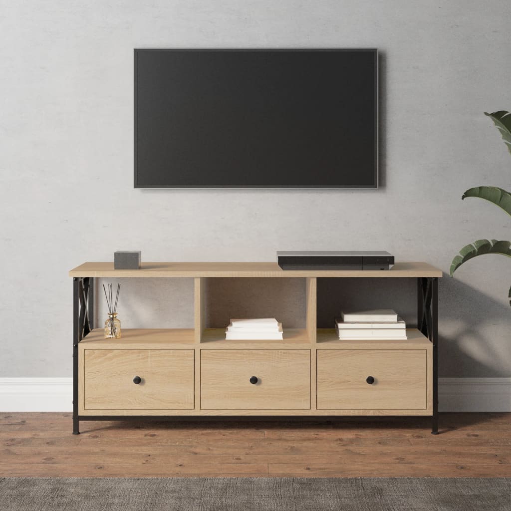 Tv-Meubel 102X33X45 Cm Bewerkt Hout En Ijzer Sonoma Eikenkleur