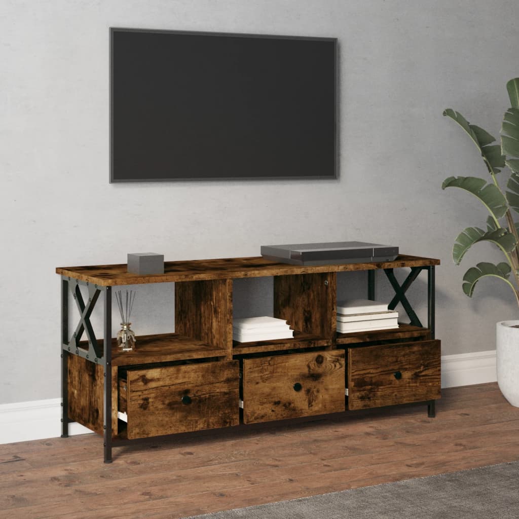 Tv-Meubel 102X33X45 Cm Bewerkt Hout En Ijzer Gerookt Eikenkleur