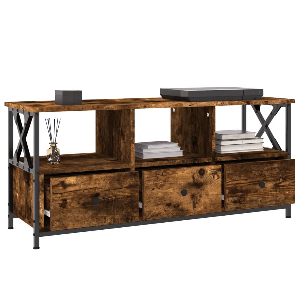 Tv-Meubel 102X33X45 Cm Bewerkt Hout En Ijzer Gerookt Eikenkleur