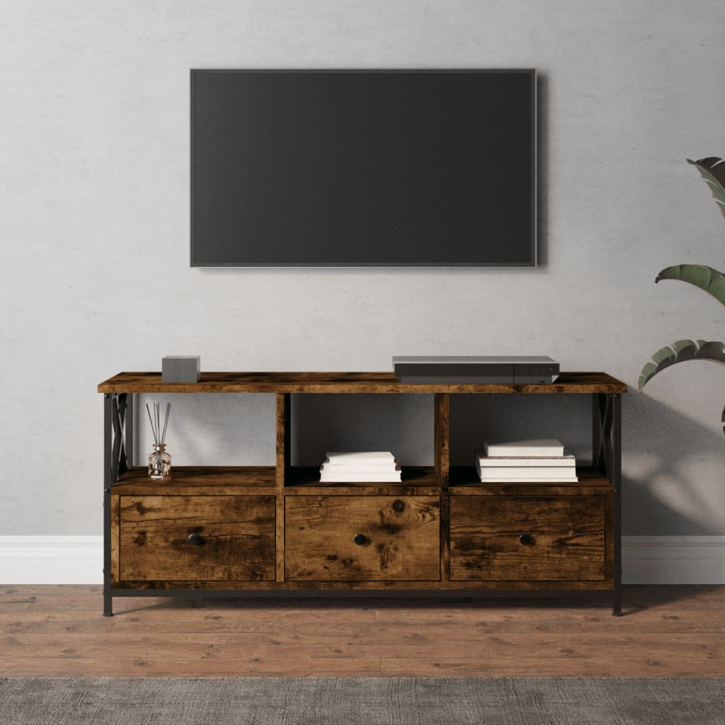 Tv-Meubel 102X33X45 Cm Bewerkt Hout En Ijzer Gerookt Eikenkleur