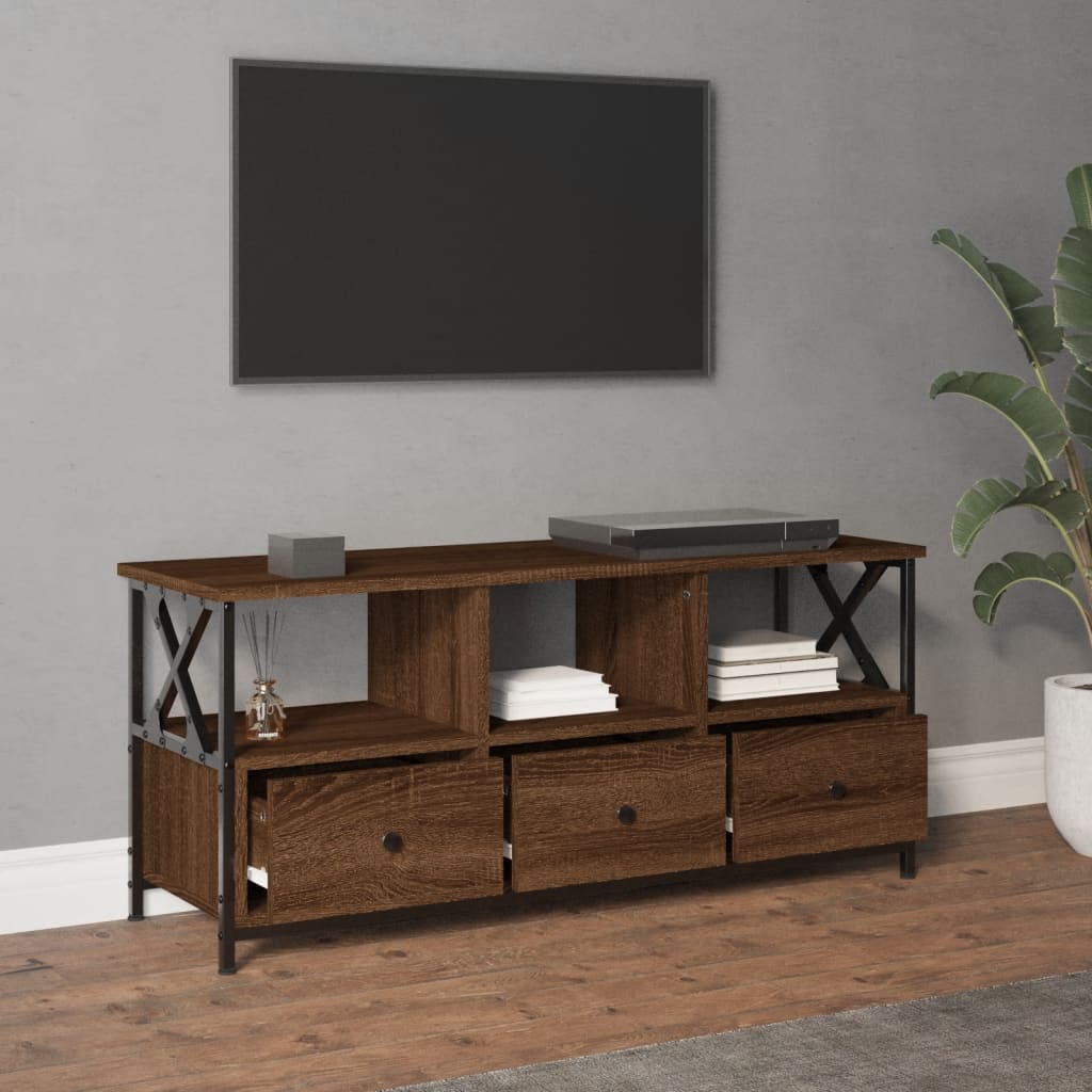 Tv-Meubel 102X33X45 Cm Bewerkt Hout En Ijzer Bruineikenkleurig