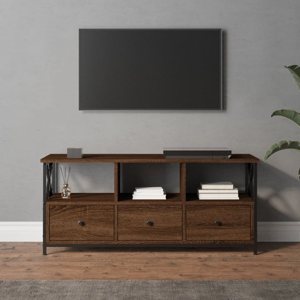 Tv-Meubel 102X33X45 Cm Bewerkt Hout En Ijzer Bruineikenkleurig