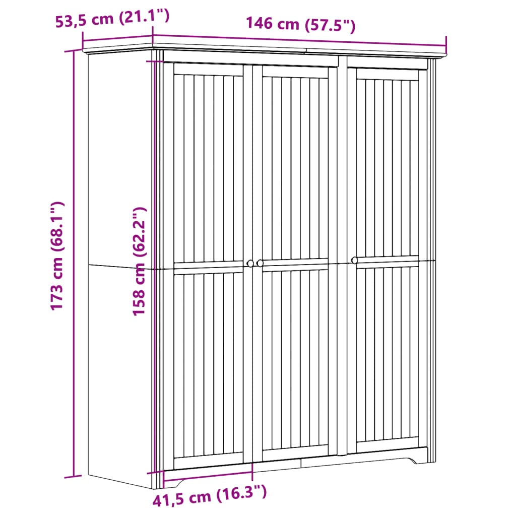 Kledingkast BODO 146x53,5x173 cm massief grenenhout wit