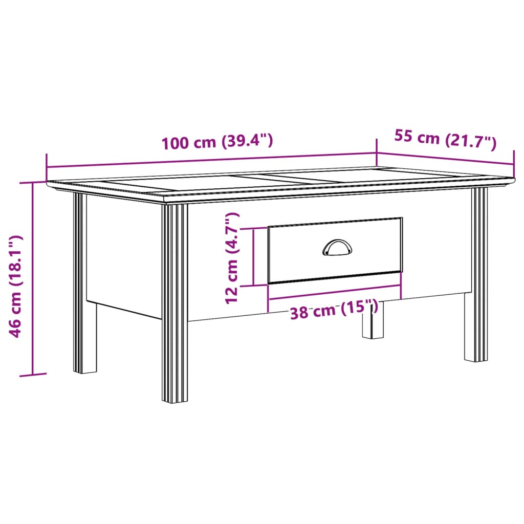 Salontafel BODO 100x55x46 cm massief grenenhout grijs