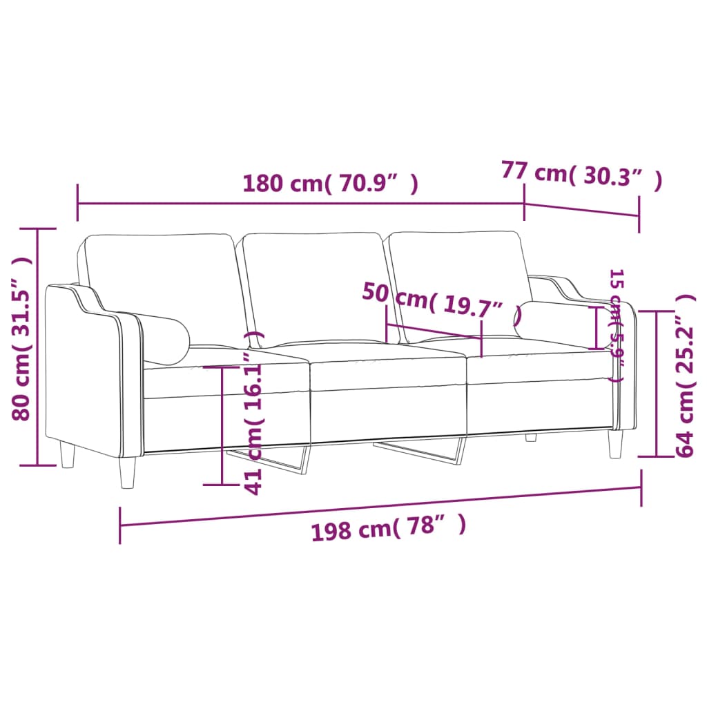 Driezitsbank met sierkussens 180 cm stof taupe