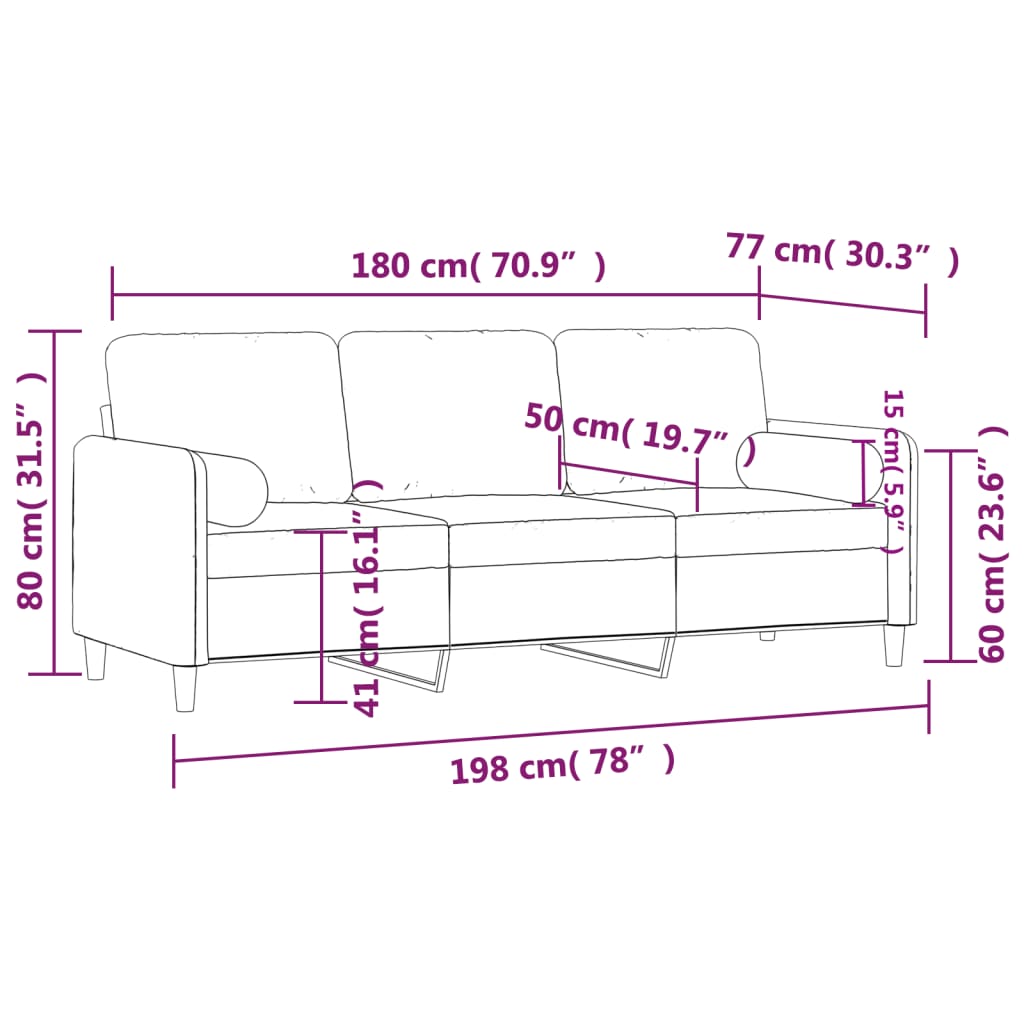 Driezitsbank met sierkussens 180 cm fluweel zwart