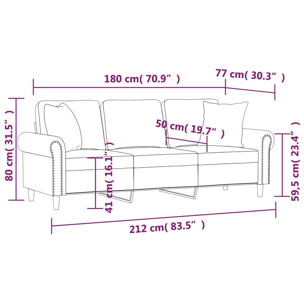 Driezitsbank met sierkussens 180 cm fluweel zwart