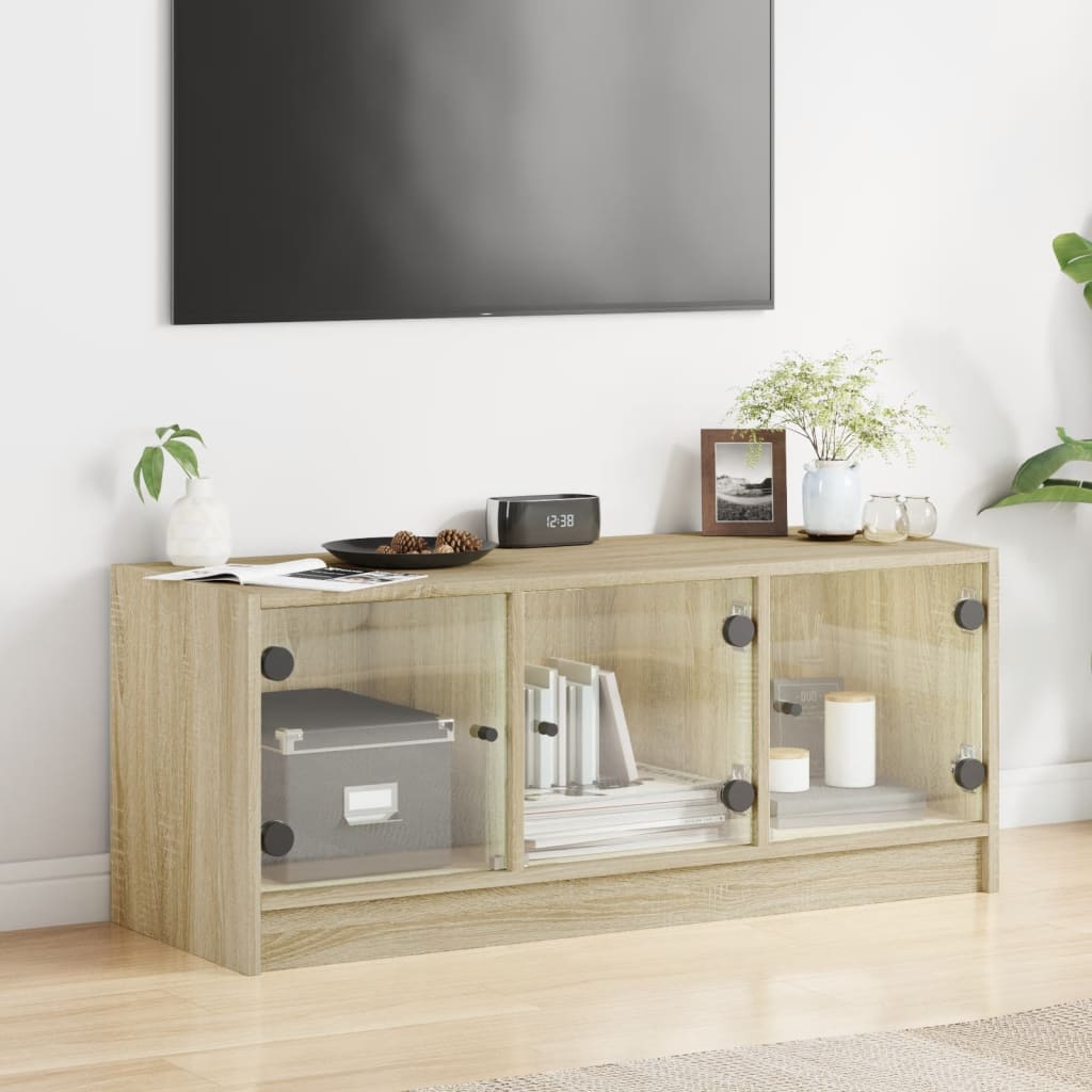 Tv-meubel met glazen deuren 102x37x42 cm sonoma eikenkleurig