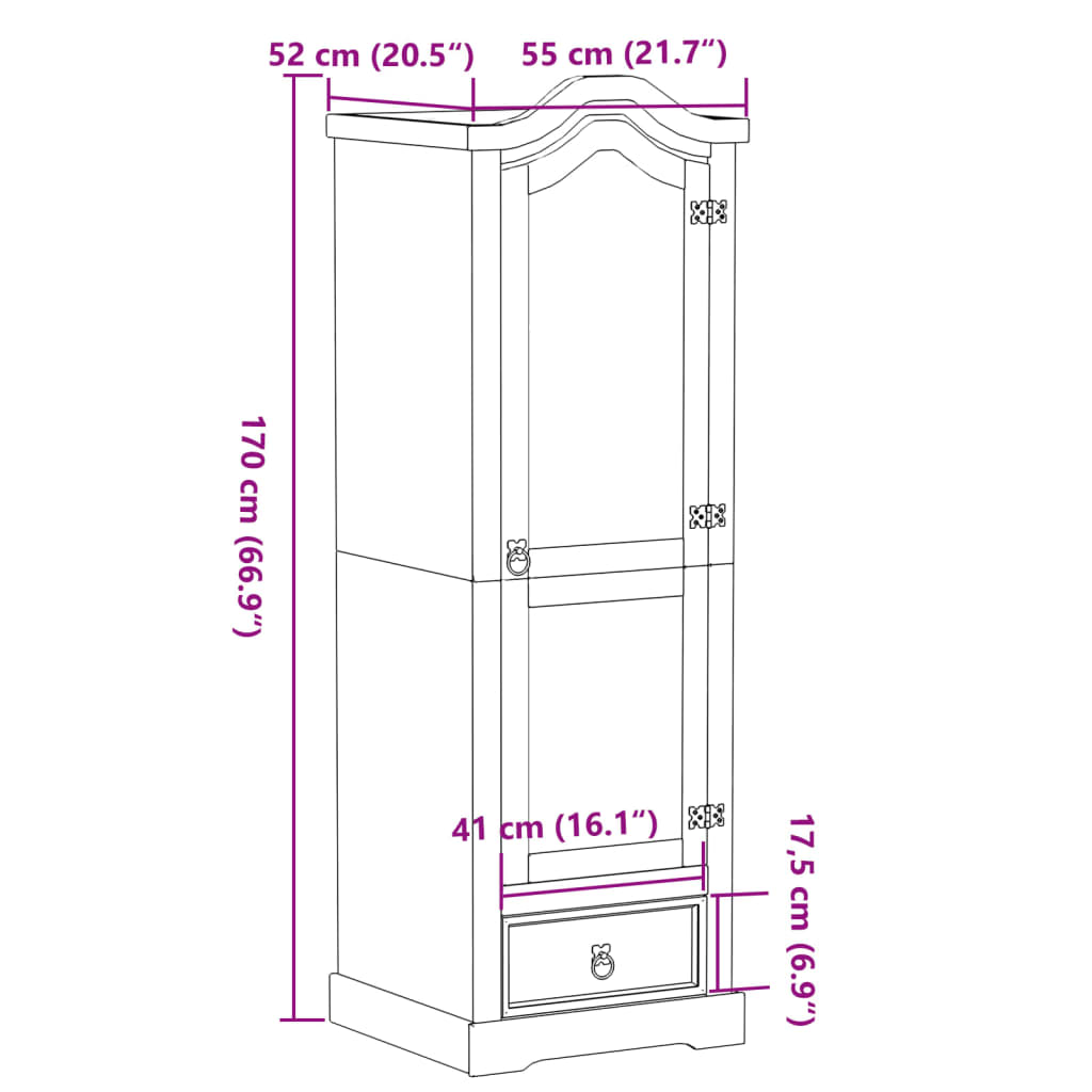 Kledingkast Corona 55x52x170 cm massief grenenhout