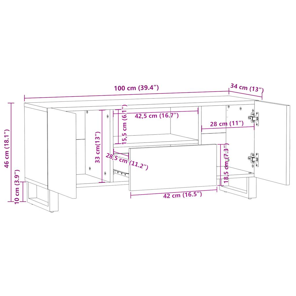 Tv-meubel 100x34x46 cm massief mangohout