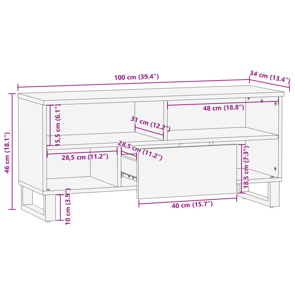 Tv-meubel 100x34x46 cm massief ruw mangohout