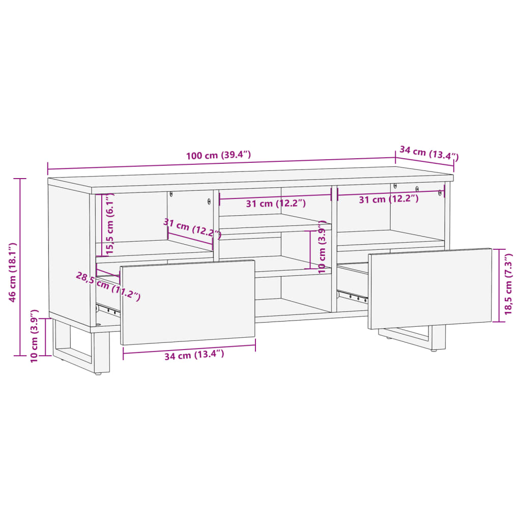 Tv-meubel 100x34x46 cm massief mangohout bruin