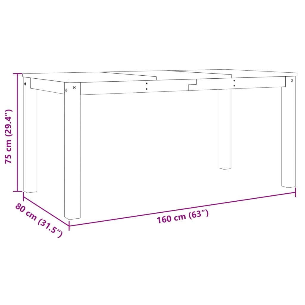 Eettafel Panama 160x80x75 cm massief grenenhout grijs