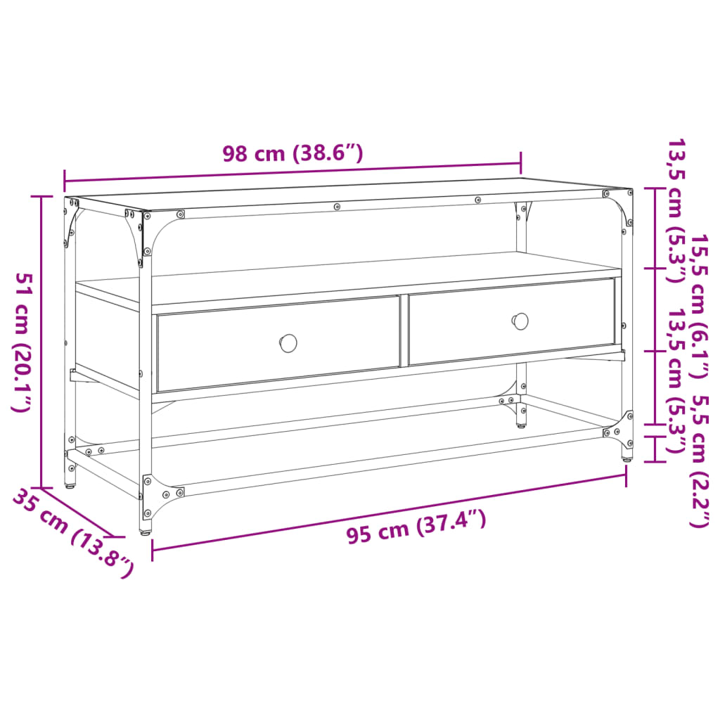 Tv-meubel met glazen blad 98x35x51 cm hout bruin eikenkleurig