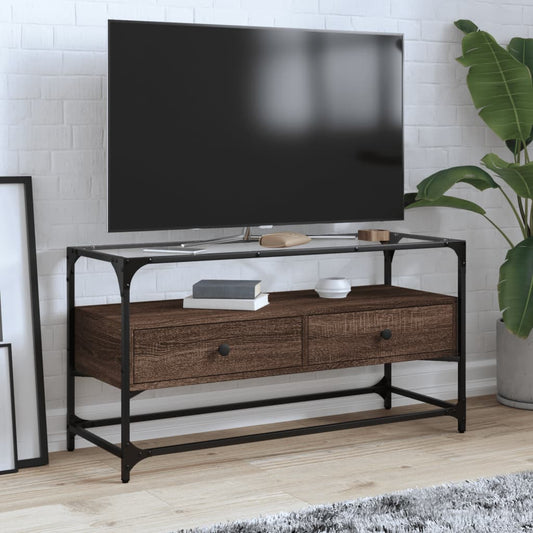 Tv-meubel met glazen blad 98x35x51 cm hout bruin eikenkleurig