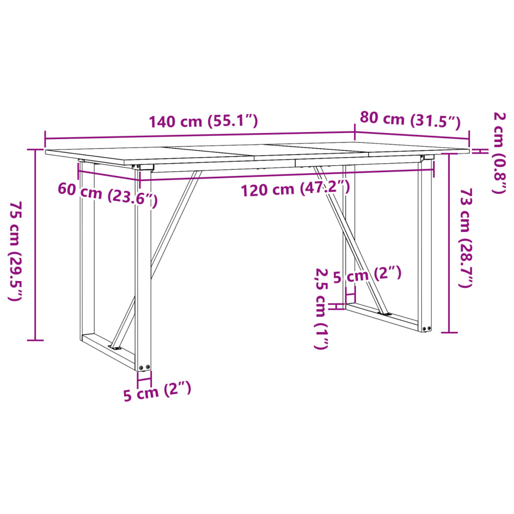 Eettafel O-frame 140x80x75 cm massief grenenhout en gietijzer