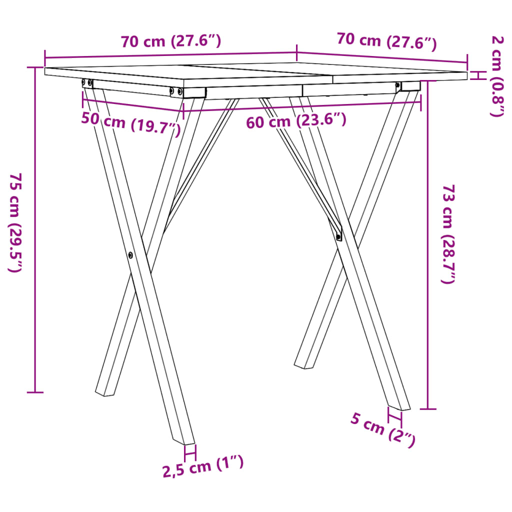 Eettafel X-frame 70x70x75 cm massief grenenhout en gietijzer