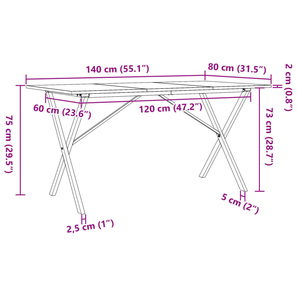 Eettafel X-frame 140x80x75 cm massief grenenhout en gietijzer