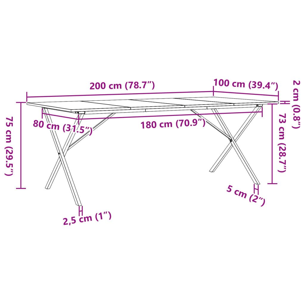 Eettafel X-frame 200x100x75 cm massief grenenhout en gietijzer