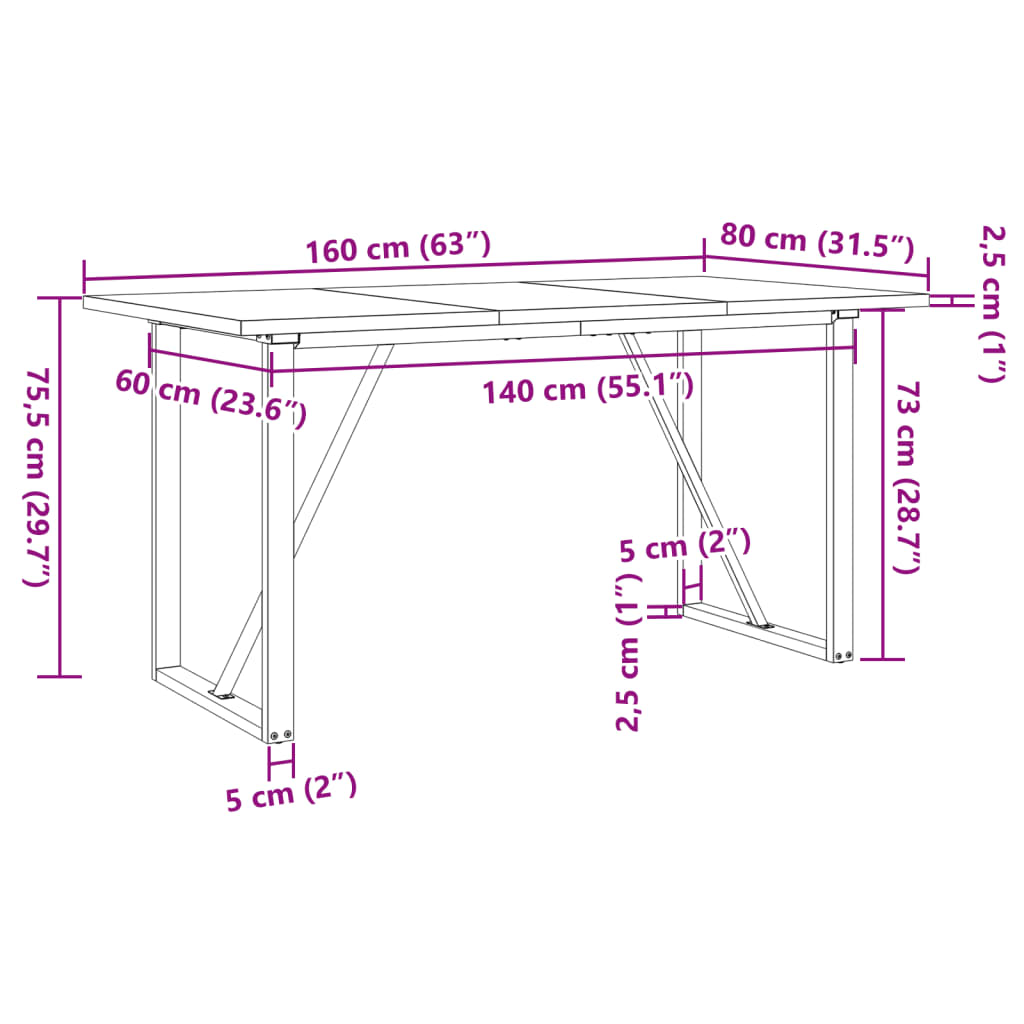 Eettafel O-frame 160x80x75,5 cm massief grenenhout en gietijzer