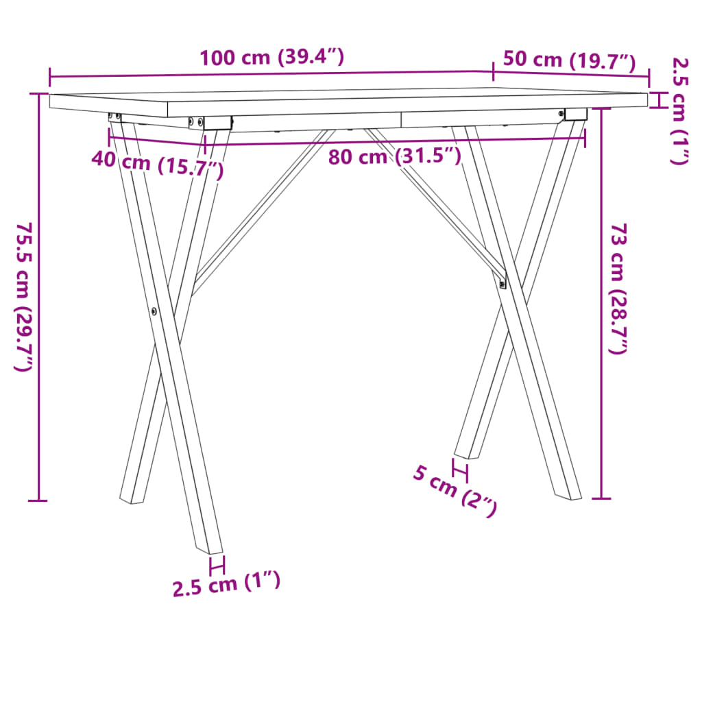 Eettafel X-frame 100x50x75,5 cm massief grenenhout en gietijzer