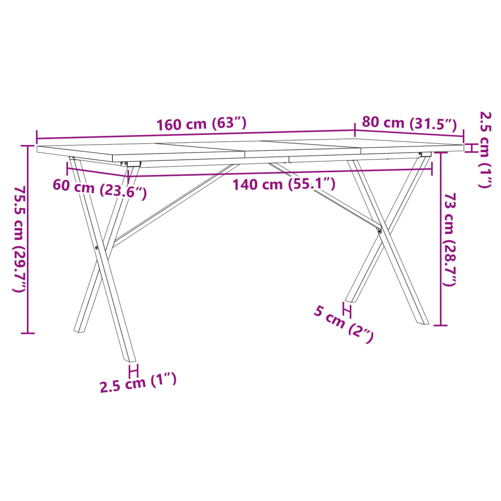 Eettafel X-frame 160x80x75,5 cm massief grenenhout en gietijzer