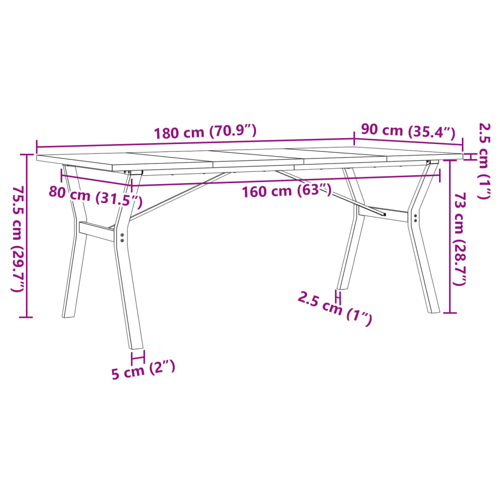 Eettafel Y-frame 180x90x75,5 cm massief grenenhout en gietijzer