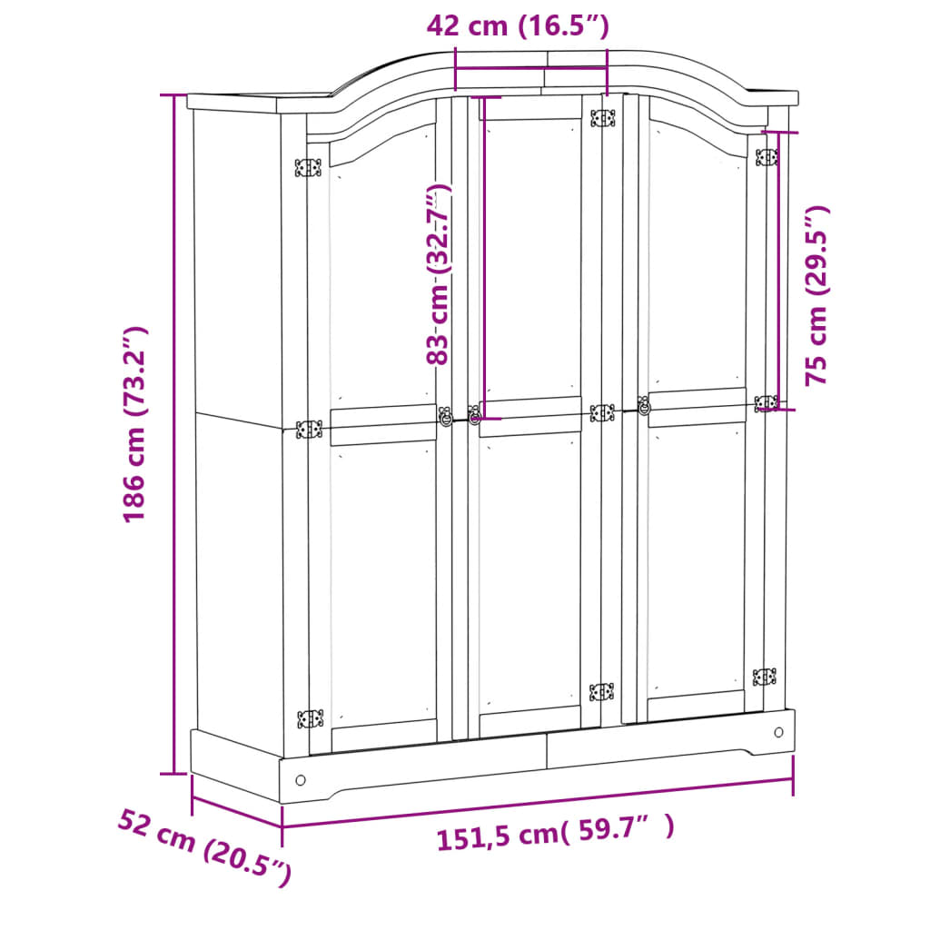 Kledingkast Corona 151,5x52x186 cm massief grenenhout