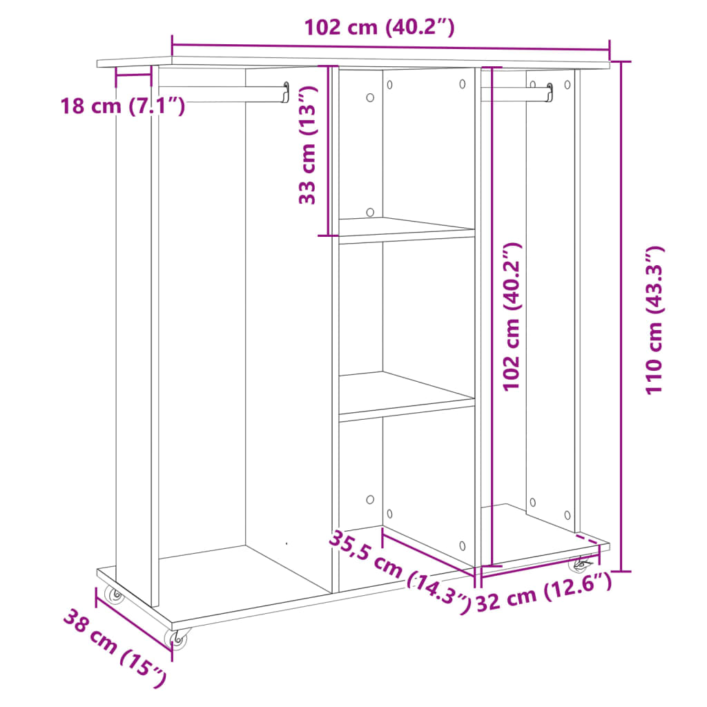 Kledingkast met wielen 102x38x110 cm bewerkt hout wit