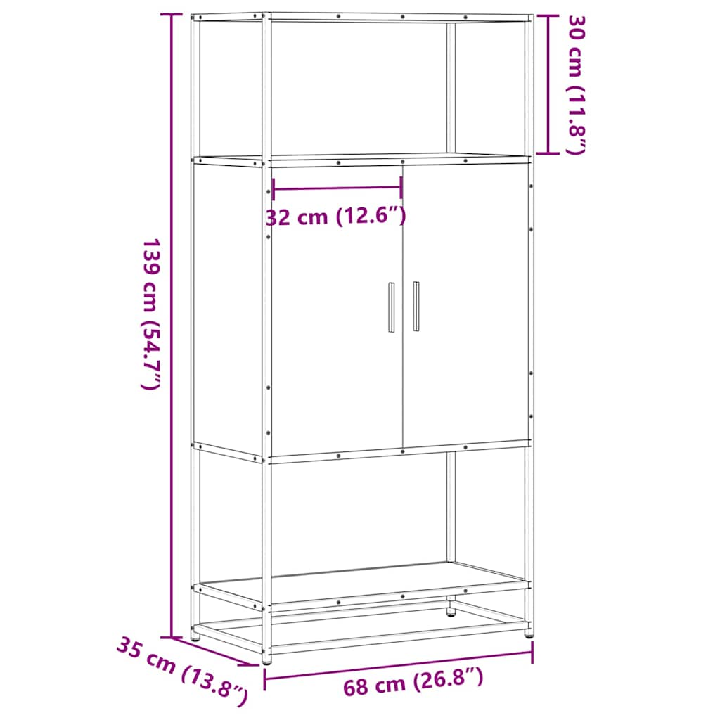 Hoge kast 68x35x139 cm bewerkt hout en metaal zwart