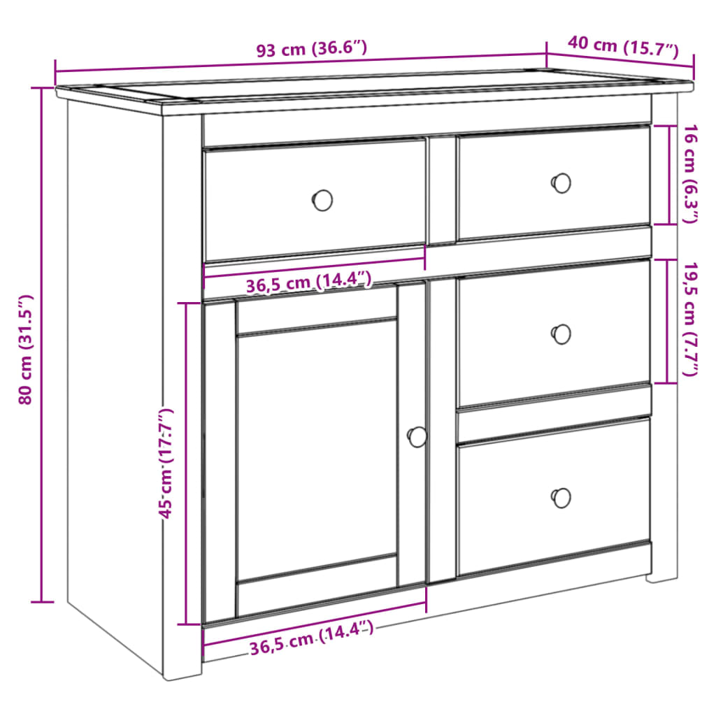 Dressoir met lades Panama 93x40x80 cm massief grenenhout