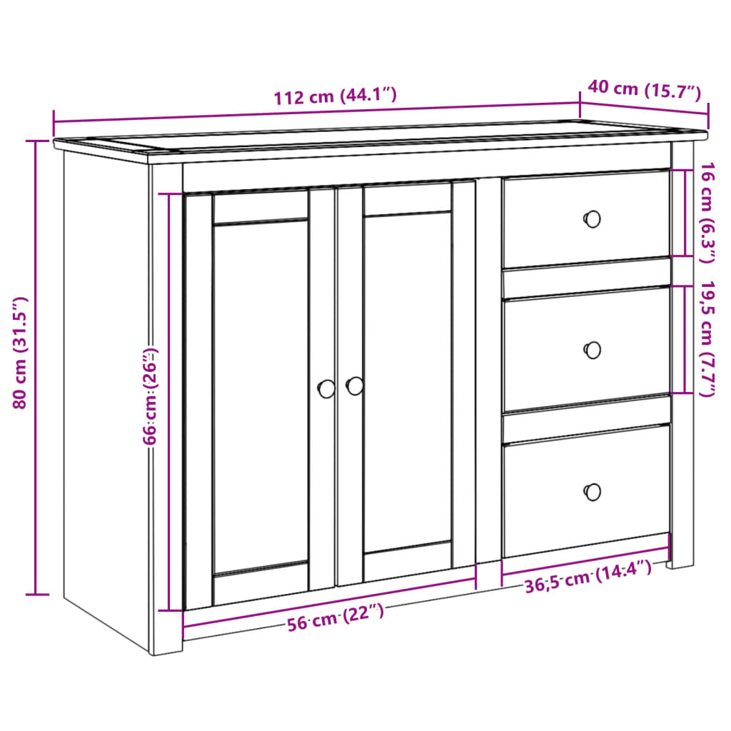 Dressoir met lades Panama 112x40x80 cm massief grenenhout