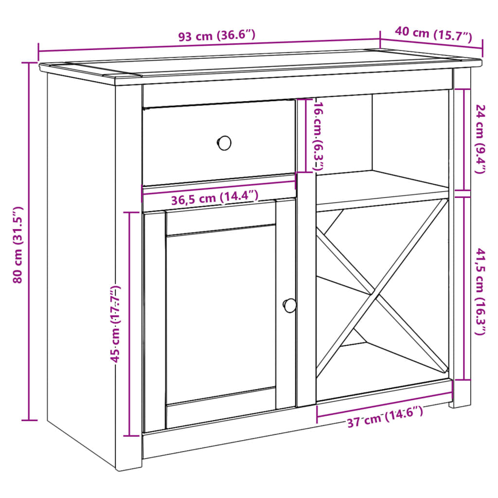 Dressoir met lade Panama 93x40x80 cm massief grenenhout