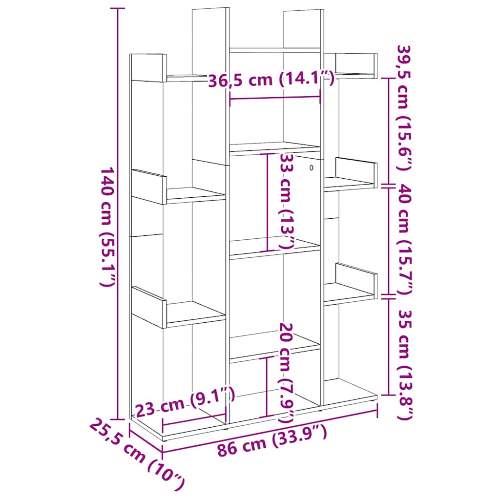 Boekenkast 86x25,5x140 cm bewerkt hout artisanaal eikenkleur